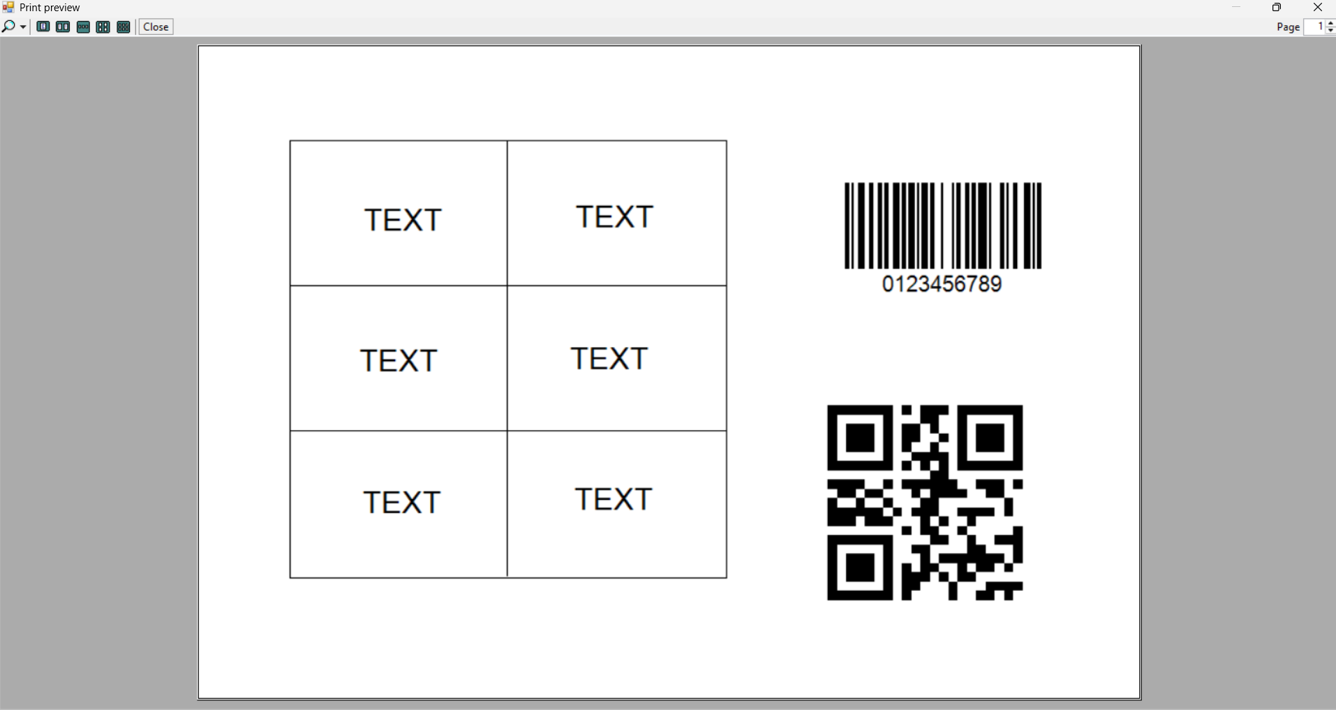Pré-visualização de impressão com etiquetas, código de barras e QR Code